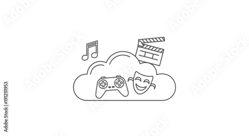 Cloud computing with entertainment icons game movie music and theater