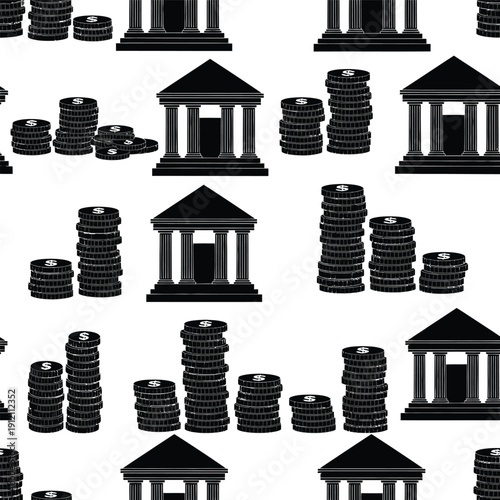 Stacks of coins and bank icons in financial patterns