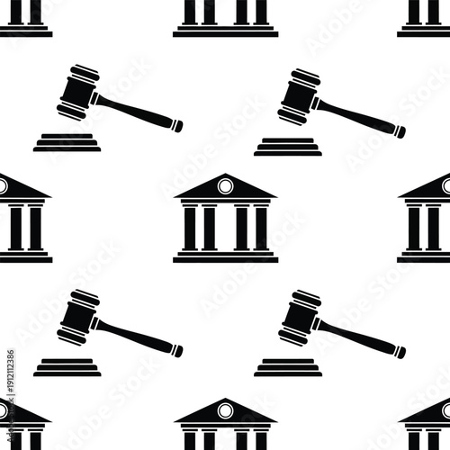 Courthouse and judge gavel pattern, law theme illustration