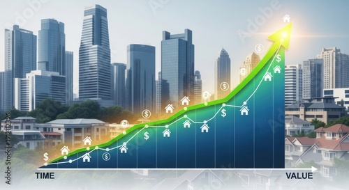 Real Estate Market Growth Chart with Cityscape Background