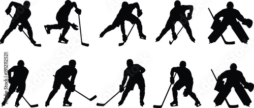 Ice, hockey, player, silhouettes, action, sport, vector, illustration, athlete, skating, figures, isolated, black, outline, goalie, stick, dynamic, collection, bundle, set