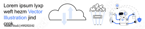 Data storage, AI technology, media entertainment, robotics, cloud computing, streaming services. Cloud with upload-download arrows, popcorn robot. s data storage and AI technology