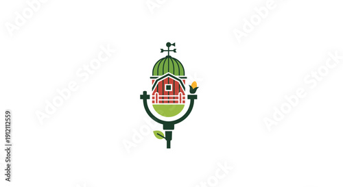 Stylized farmhouse emblem with corn and weather vane on white background