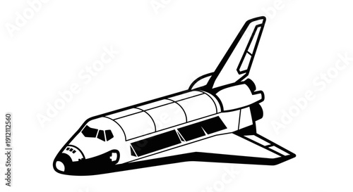 Black and white illustration of a space shuttle isolated on white background