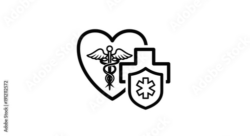 Medical care symbol of heart and shield with caduceus for healthcare