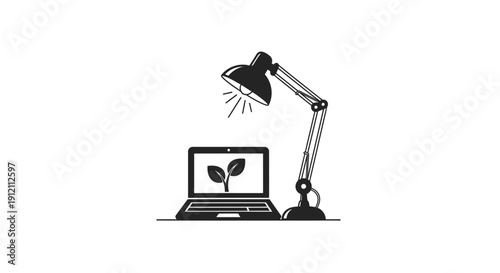 Black and white illustration of laptop with plant desk lamp isolated on white
