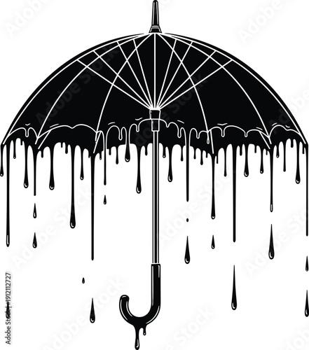 Dripping umbrella vector illustration, black and white surreal design with liquid drops and abstract canopy structure