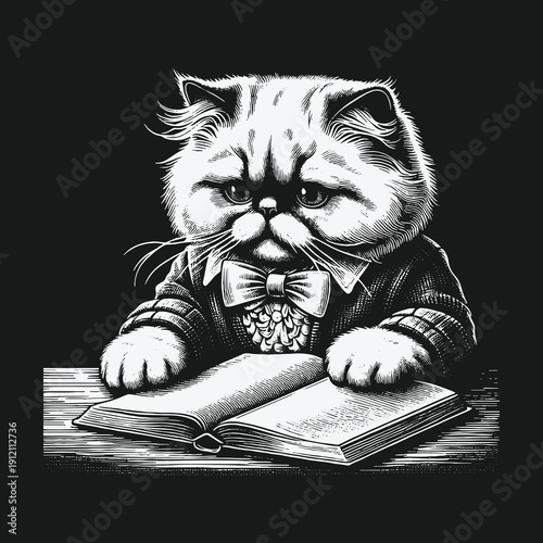 A scholarly cat engrossed in a book a study in concentration.