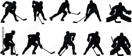 Ice, hockey, player, silhouettes, collection, sport, vector, illustration, athlete, action, figures, isolated, black, outline, skating, goalie, stick, dynamic, bundle, set