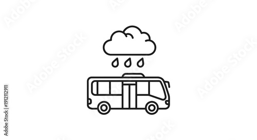 Bus illustration with rain cloud above isolated on white background