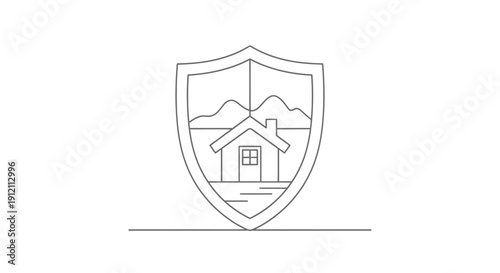 Shield emblem with house and mountain landscape design on white background
