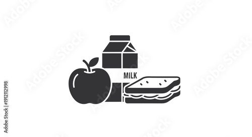 Black and white illustration of lunch set with apple milk carton and sandwich
