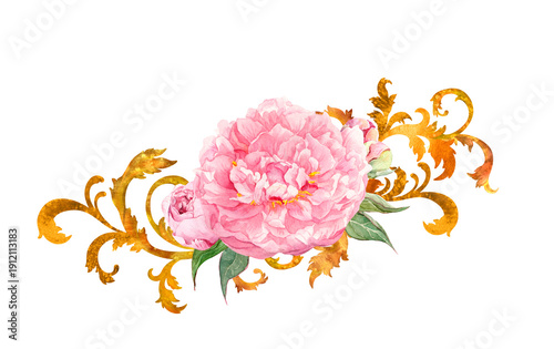 Watercolor floral ornament with a pink peony, golden baroque flourishes isolated on white background. Elegant decorative element for invitations, logos, labels, packaging, stationery, luxury wedding