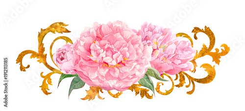 Watercolor peony bouquet border with golden ornamental swirls on white background. Romantic luxury floral decoration for wedding stationery, invitations, wall art, packaging, prints and feminine brand