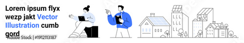 Teamwork, sustainable energy, architecture, eco-friendly living, renewable energy, housing trends. Two professionals interact while discussing eco-conscious housing projects. Teamwork and sustainable