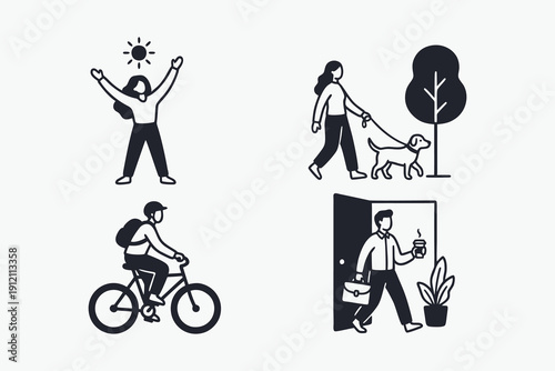 Daily Life Activities Icon Set. Wellness, Commute, and Routine.
