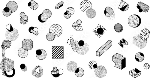 Set of 100 geometric shapes. Memphis design, retro elements for web, vintage, advertisement, commercial banner, poster, leaflet, billboard, sale. Collection trendy halftone vector geometric shapes.