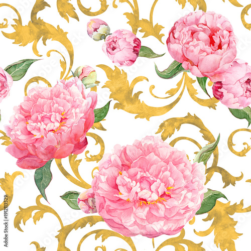 Seamless watercolor floral pattern with pink peonies and golden baroque scrollwork on white background. Elegant luxury design for wedding stationery, wallpaper, textiles, premium wrapping paper