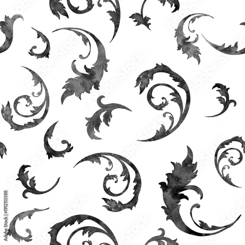 Seamless monochrome watercolor baroque ornament pattern with gray scroll flourishes on white background. Classic decorative texture for wallpaper, textiles, stationery, wrapping paper