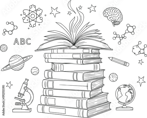 Education explosion vector illustration, black and white design with open book, science icons, and learning symbols
