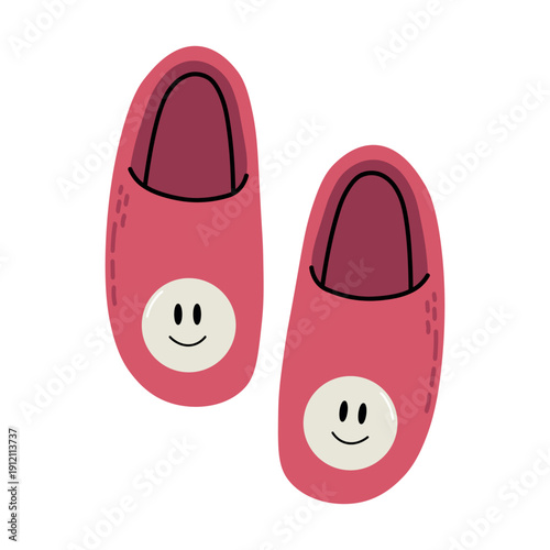 Vector illustration of red house slippers with smiley face design.