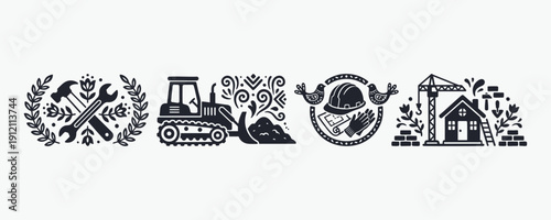 Folk Construction Emblems: Building, Tools, Machinery, and House Icons.