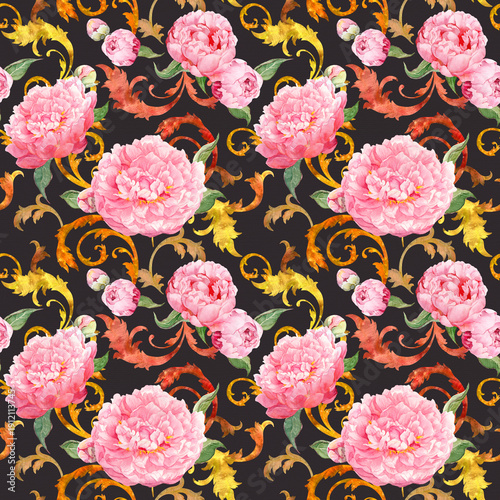 Seamless luxury watercolor pattern with pink peonies and golden baroque flourishes on dark background. Ornate floral design for premium packaging, fashion textiles, wallpaper, gift wrap