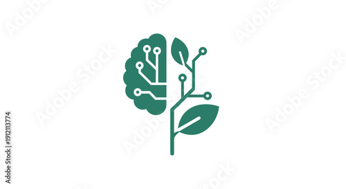 Conceptual illustration of a brain merging with plant life on white background