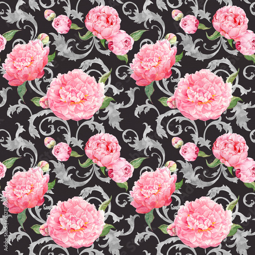 Seamless watercolor floral pattern with pink peonies and elegant silver baroque scrollwork on dark background. Luxurious decorative design for wallpaper, textiles, wrapping paper, packaging 
