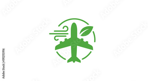 Green airplane icon depicting environmentally friendly travel in circle