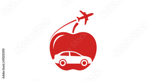Red cherry icon with airplane and car elements on a white background