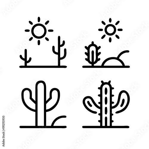 Simple black line art cacti icons with sun in desert landscape