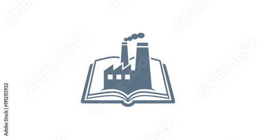 Factory illustration inside open book representing knowledge and industry