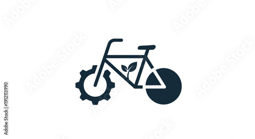 Eco friendly bicycle icon gear wheel leaf and geometric design on white