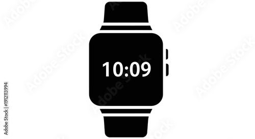Black and white graphic of a smartwatch displaying the time