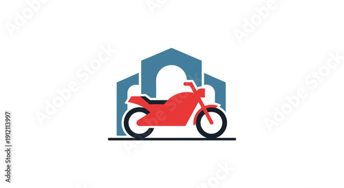 Modern motorcycle icon within an architectural structure logo design
