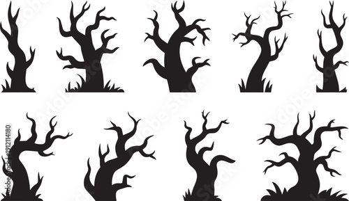 Broken tree isolated silhouettes. Black template of destroyed forest. Fallen wood. Branches and trunks after storm