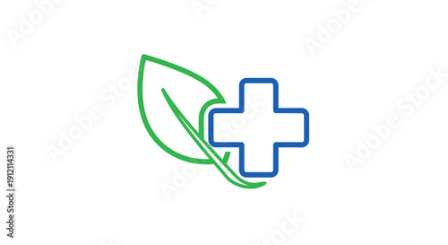 Health and wellness concept cross symbol and leaf on white background