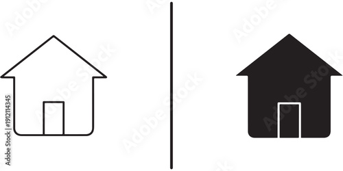 A simple black and white illustration of a house with a door