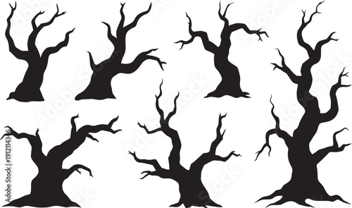 Broken tree isolated silhouettes. Black template of destroyed forest. Fallen wood. Branches and trunks after storm