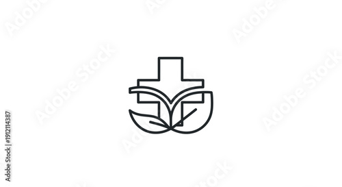 Religious symbol cross with book and leaves in line art style on white