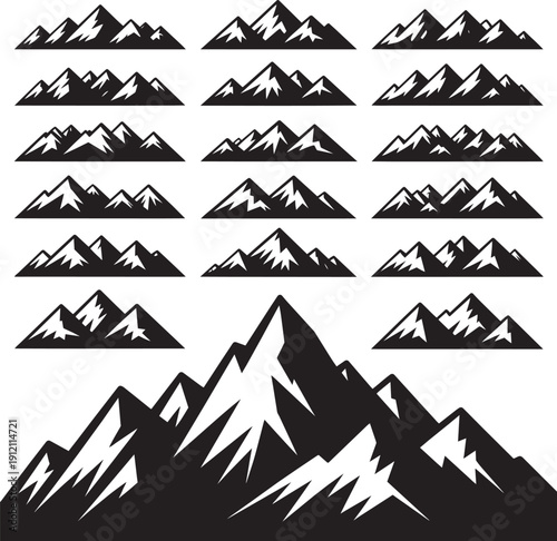 Set of mountain silhouettes and icons for design and illustration