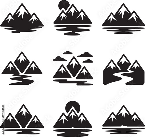 Set of nine black mountain icons with snow caps and water reflections
