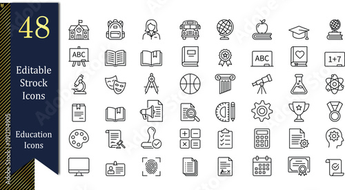 Editable stroke education icon set for school and learning, Academic and school activity line icon set