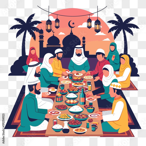 Family and friends gather for a meal under palm trees.