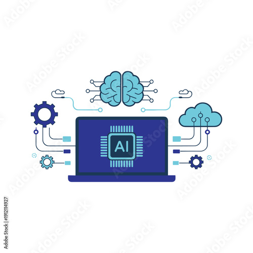Artificial Intelligence Concept with AI Chip on Laptop and Brain Network Connections – Technology Vector Illustration