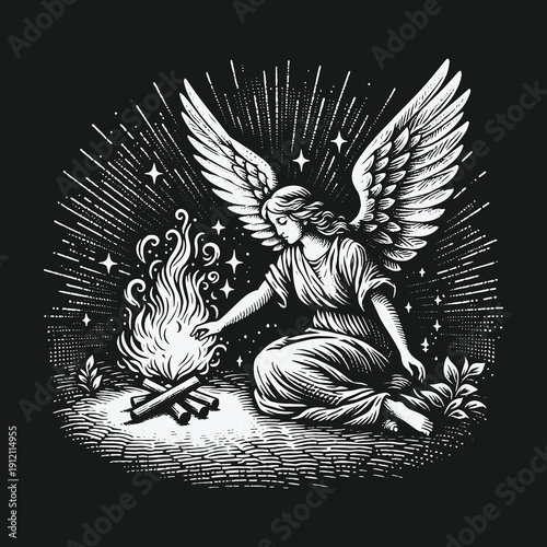 Angel tending a sacred fire in a mystical setting.