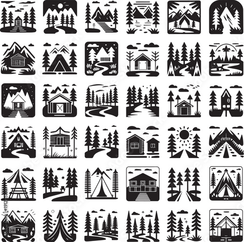 Camping and nature icons set cabins, tents, mountains, and forest scenes