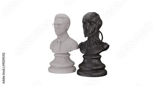 Executive and robot pawns on a chessboard. 3D rendering