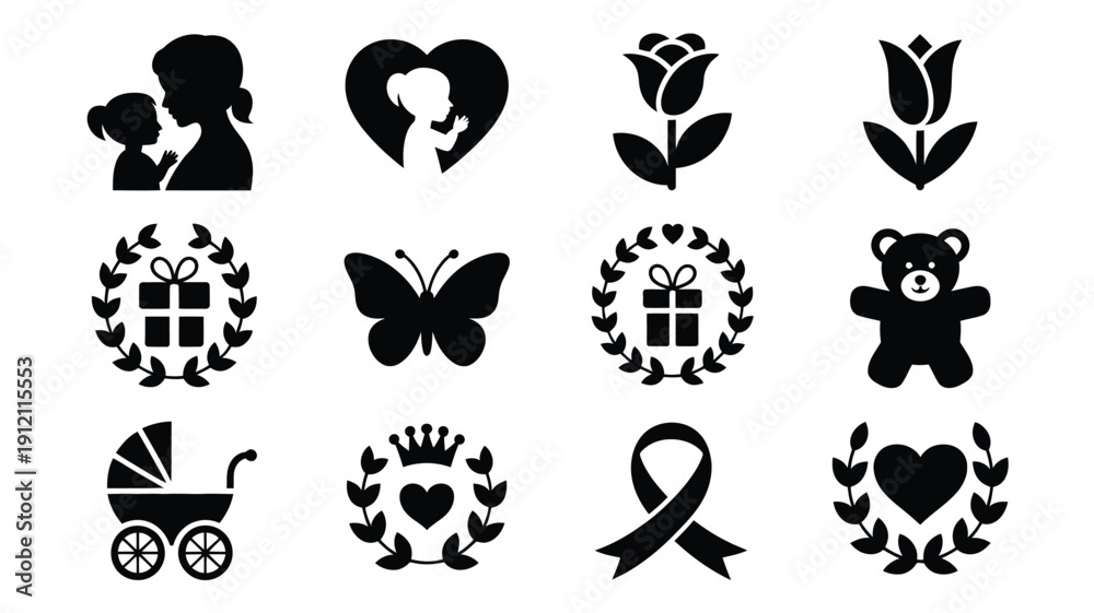 Fototapeta premium Mother's day floral silhouette logo bundle with hearts gifts and teddy bear icons for greeting cards and advertising